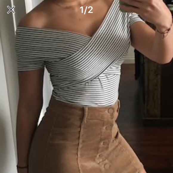 Black White Stripe Off Shoulder Wrap Bodysuit - Picture 6 of 8